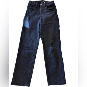 1822 mid-rise straight leg flex fabric black jeans with distressing. Size 27